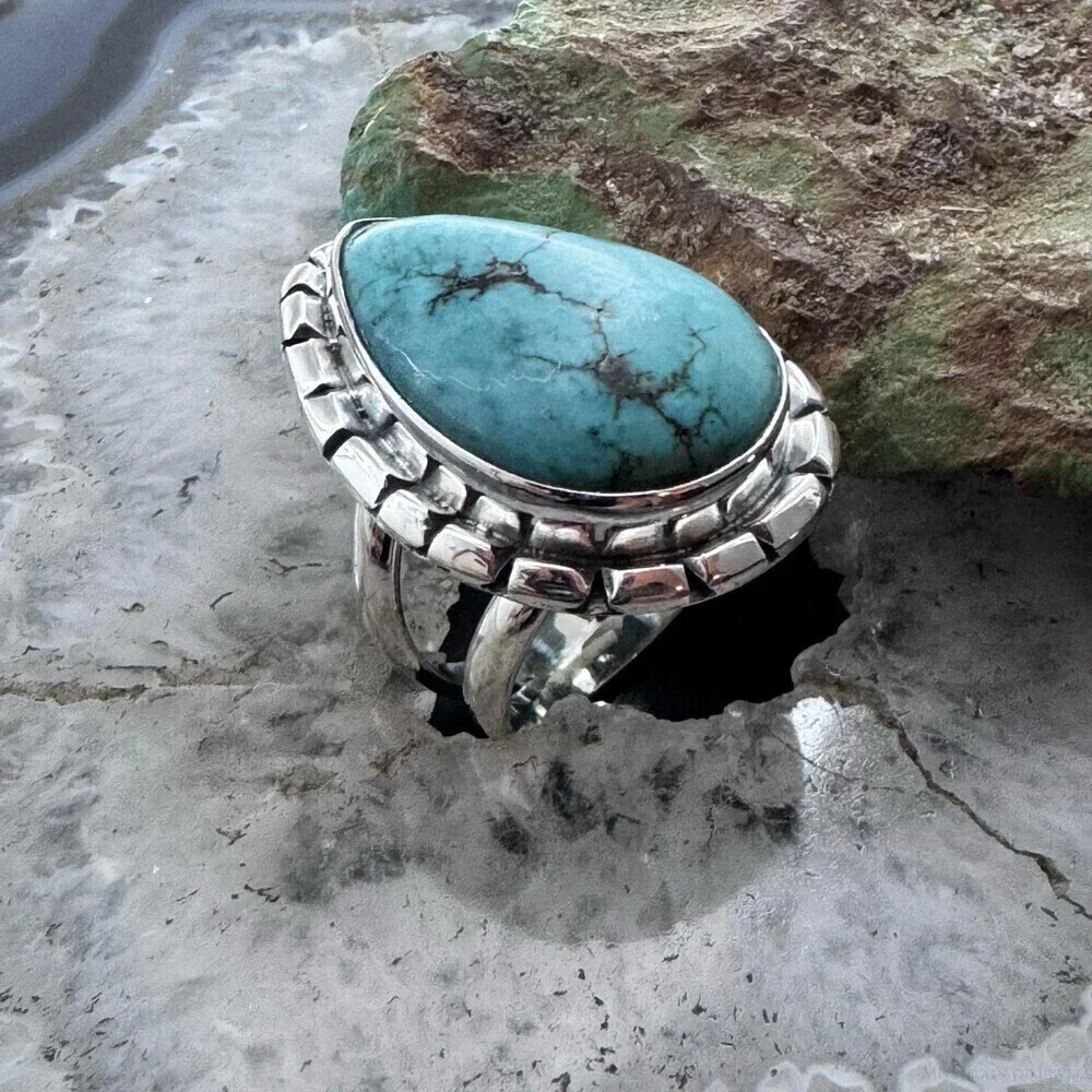 Sterling Southwestern Style Teardrop Tibetan Turquoise Ring Size 7.75 For Women